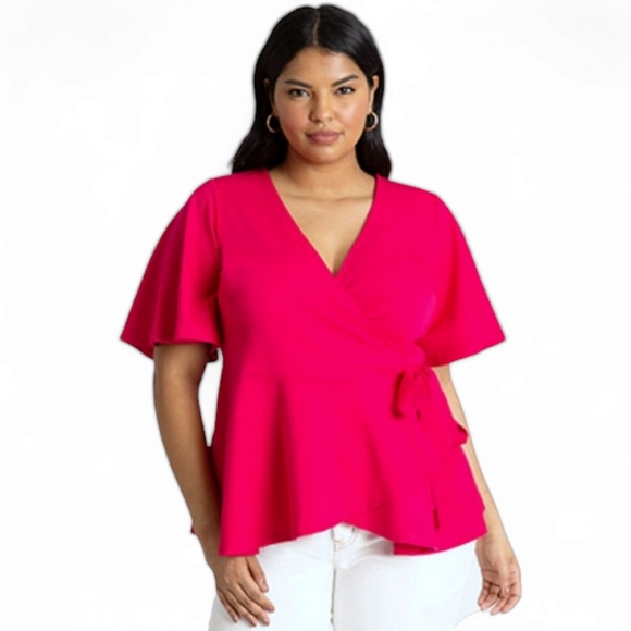 NWOT Eloquii Flutter Sleeve Peplum Wrap Top - Picture 1 of 6